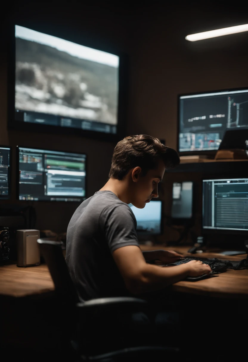 a guy sitting behind his desk behind a computer screen working,  in a dark room, with a tshirt on. the photo is shot behind the boy, make it super realistic, the photo is taking from behind the subject