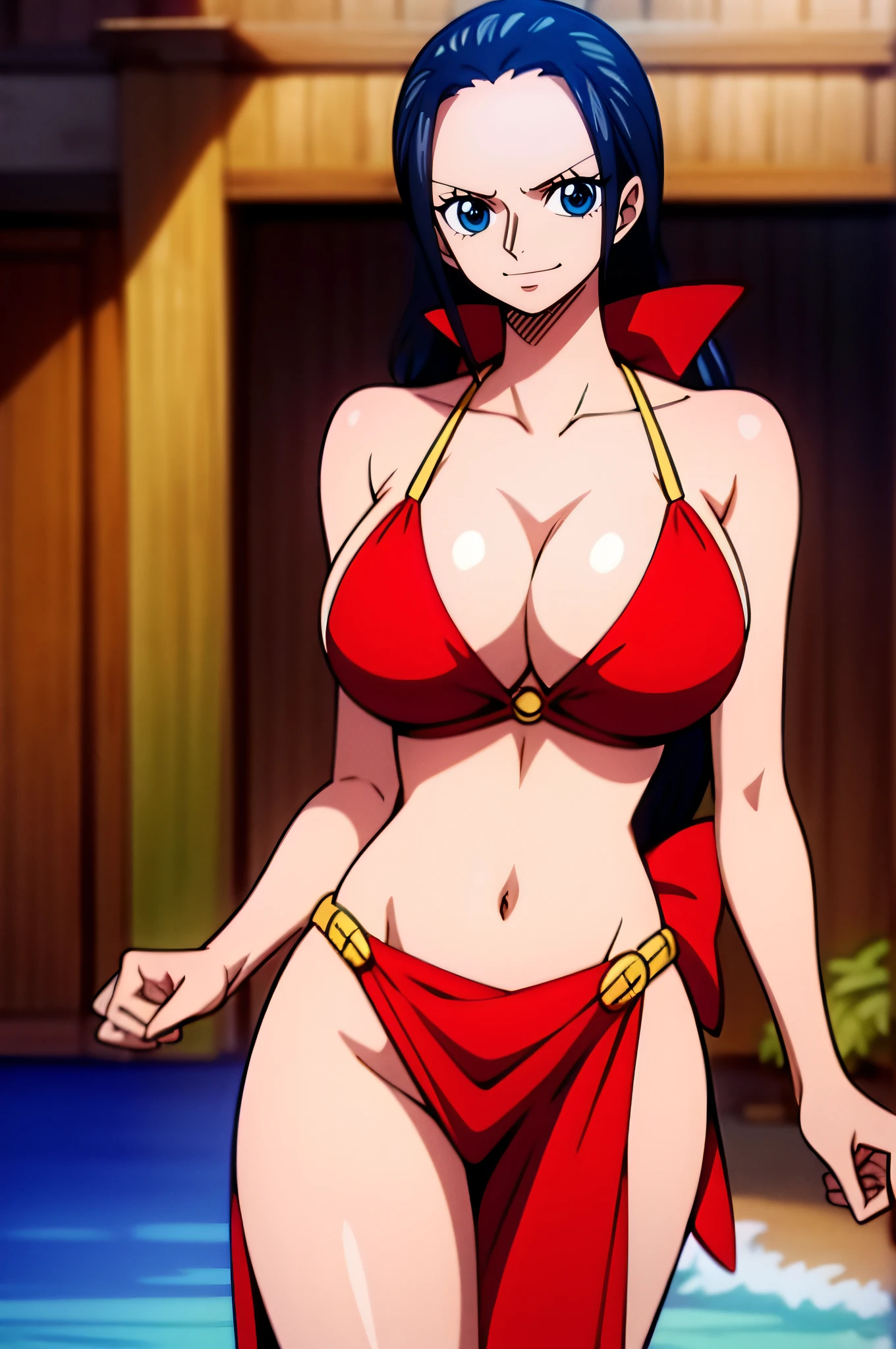 Robin de One Piece, sexy pose, What if , Elly, Red sari, 8k, anime, Shore, Big Boob, large ass, Looks sexy perfect quality eyes blue eyes standing blue bikini