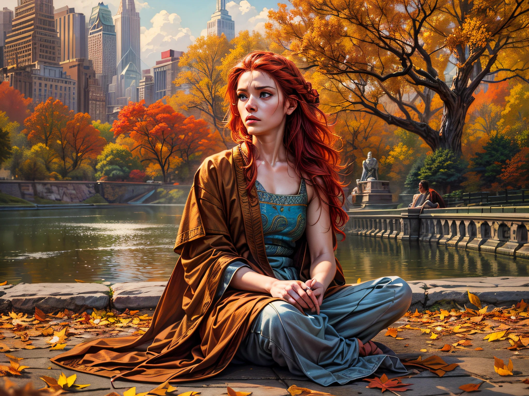 fantasy art, photorealistic, D&D art, a picture of a female monk sitting and meditating in Central Park New York in autumn, there is a human woman monk wearing monk garbs, meditating at Central Park New York, red hair, long hair, full body (best Detailed, Masterpiece, Hyperrealistic :1.5), ultra detailed face (best Detailed, Masterpiece, Hyperrealistic :1.5), ultra feminine (best detailed, Masterpiece, Hyperrealistic :1.5), Perfect Body, exquisite beautiful (best Detailed, Masterpiece, Hyperrealistic :1.5) red hair, long hair, braided hair, pale skin, blue eyes, intense eyes, a shot from a medium distance, Central Park New York as background and the Manhattan towers in  the background, ultra best realistic, best details, best quality, 16k, [ultra detailed], masterpiece, best quality, (extremely detailed), ultra wide shot, photorealism, depth of field, hyper realistic painting, zrpgstyle
