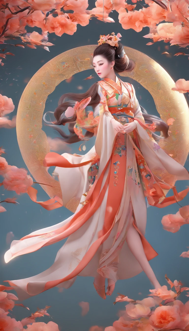 full moon,traditional Chinese festivals,Fairy,Fairy clothes,Streamers flutter,Hanfu,Flying,mid-air,Mid-Autumn Festival,artistic conception,Dunhuang murals,Ultra-high sharpness,超高分辨率,8K