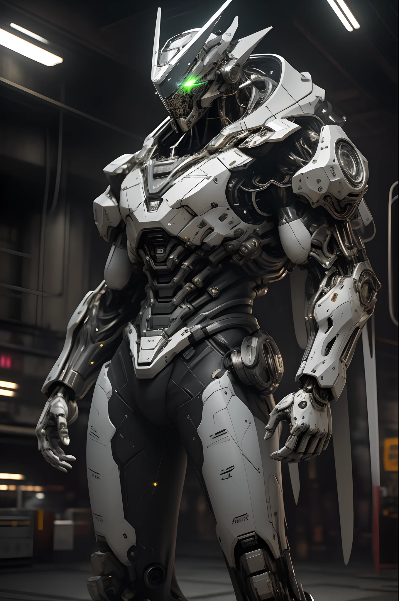 masterpiece, best quality, ultra-detailed, (ultra-realistic:1.3), landscape,  sci-fi, transistorpunk,  cyberpunk, biopunk, rim lighting,neon lighting, ray tracing,(metallic, aluminum,white), mega scale male robot fullbody zoom, intricate  mechanical body parts, advanced civilization, fighting pose stance, dynamic angle,  (gray, white, red),flawless, 8k, RAW, highres,absurdres,