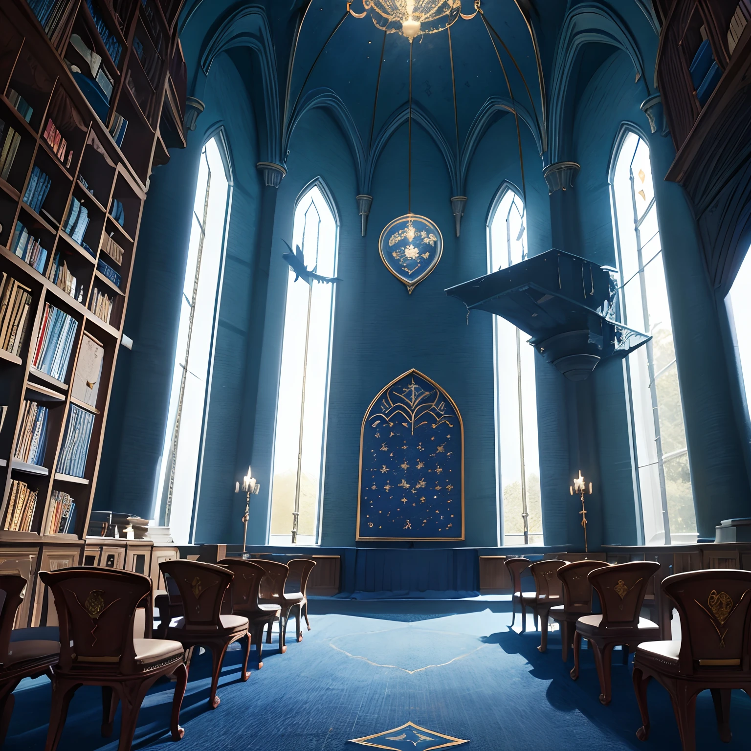 Donjon, Harry Potter, Ravenclaw, lounging, Arched windows, Blue silk hanging on the wall, Domed ceiling painted with stars, Dark blue carpet with stars, The table, a chair, Bookshelf on the floor