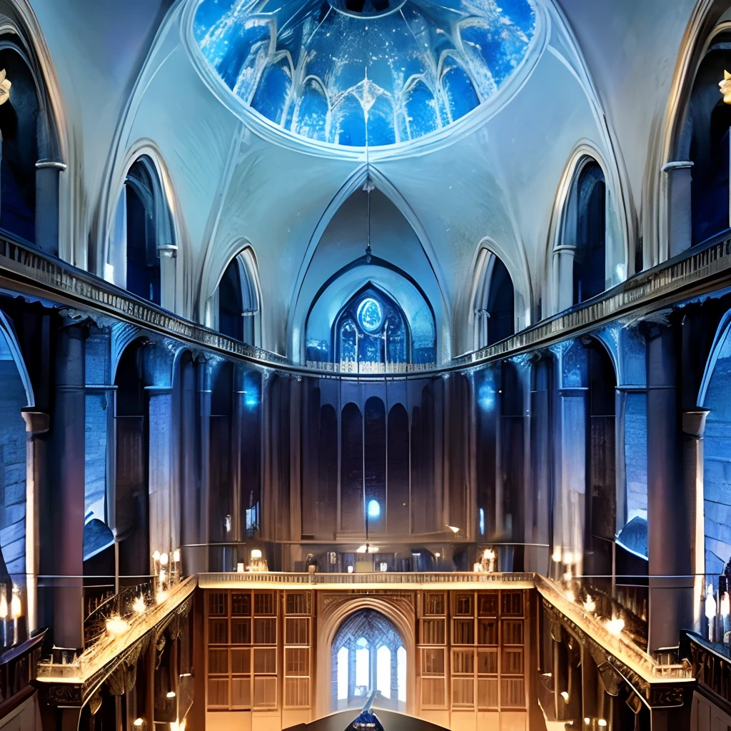 Donjon, Harry Potter, Ravenclaw, lounging, Arched windows, Blue silk hanging on the wall, Domed ceiling painted with stars, Dark blue carpet with stars, The table, a chair, Bookshelf on the floor