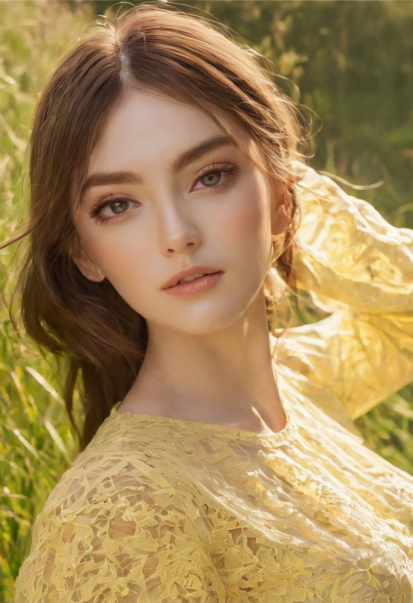 (ultra-detailed:1.5), soft lighting, extremely detailed face, (grassy field:1.2), sunny day, expressive eyes, masterpiece, best quality, sparkling eyes, brown hair, straight hair, stunning eyes, holy light, detailed lighting, dynamic angle, (extreme shading:1.0), (puffy yellow shirt:1.2), big boobs, animated style,