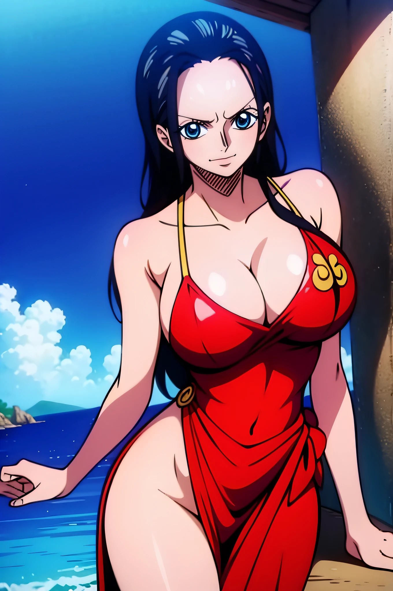 Robin de One Piece, sexy pose, What if , Elly, Red sari, 8k, anime, Shore, Big Boob, large ass, Looks sexy perfect quality eyes blue eyes standing blue bikini