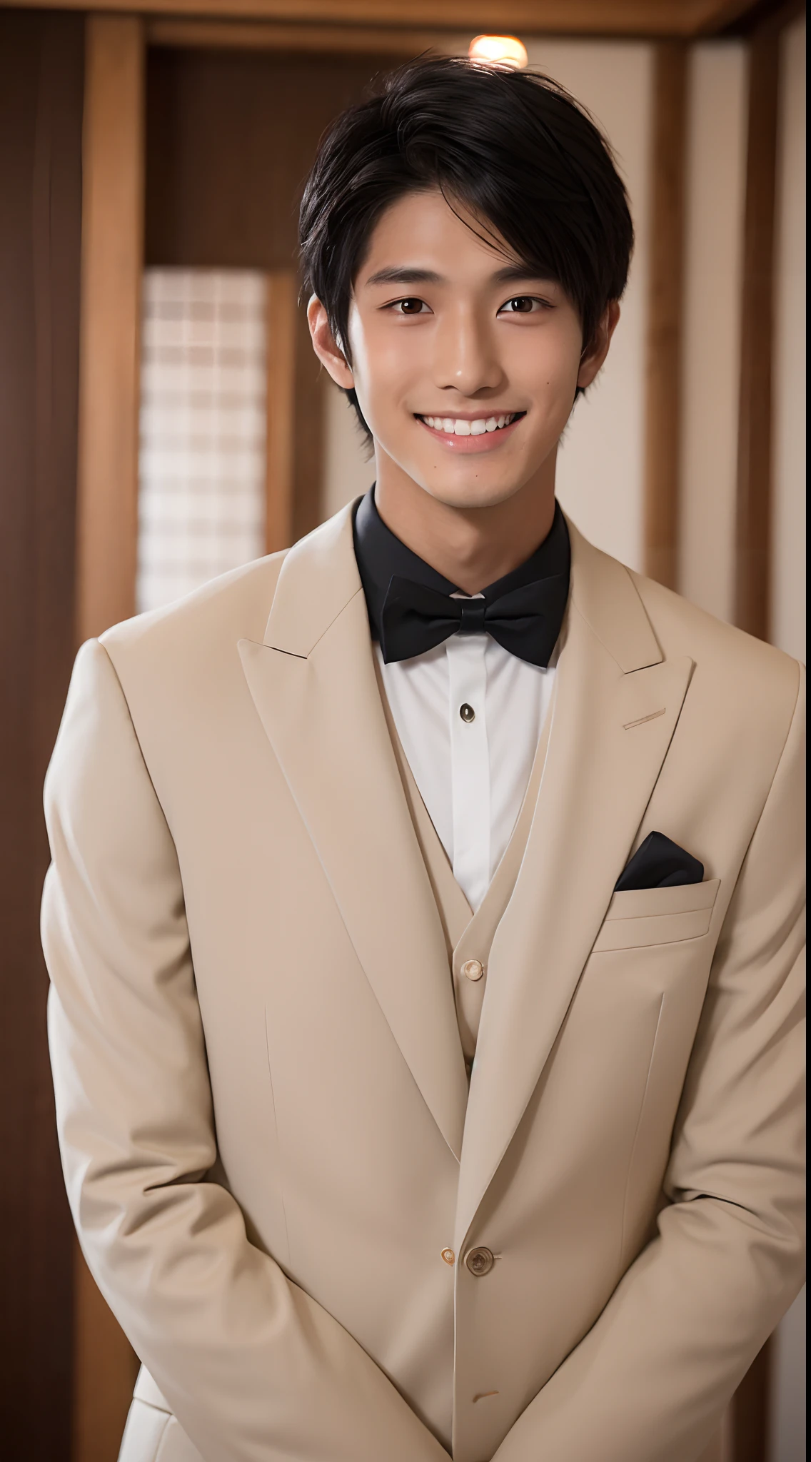 4K、top-quality、masutepiece、 (Japan Male,19 years old)、a handsome、((Tanned black skin 1.6))、bridegroom、wedding hall、Looking at the camera、a smile