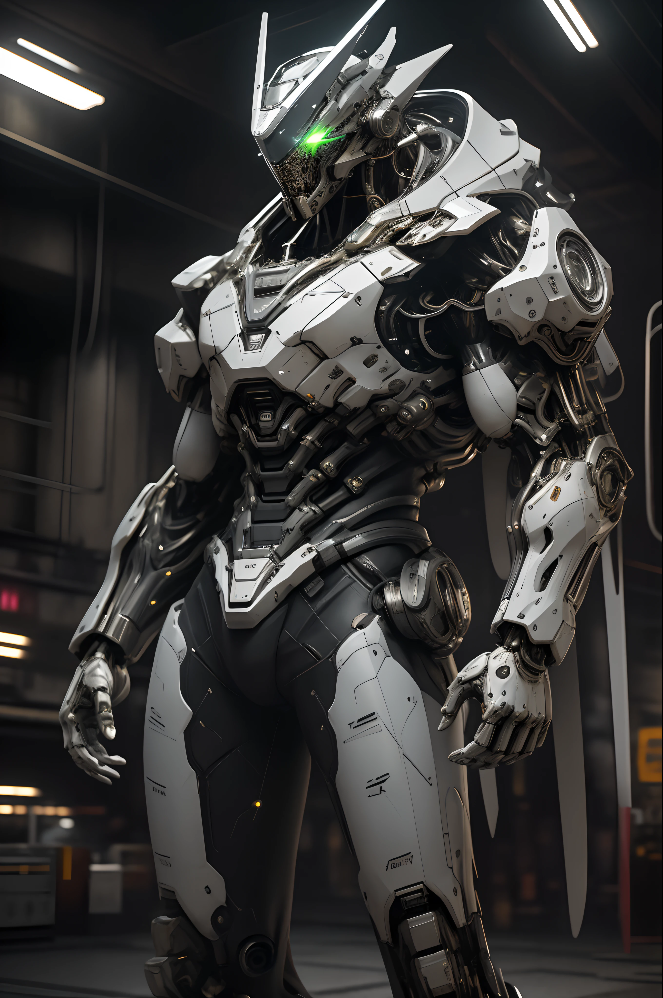 masterpiece, best quality, ultra-detailed, (ultra-realistic:1.3), landscape,  sci-fi, transistorpunk,  cyberpunk, biopunk, rim lighting,neon lighting, ray tracing,(metallic, aluminum,white), mega scale male robot fullbody zoom, intricate  mechanical body parts, advanced civilization, fighting pose stance, dynamic angle,  (gray, white, red),flawless, 8k, RAW, highres,absurdres,