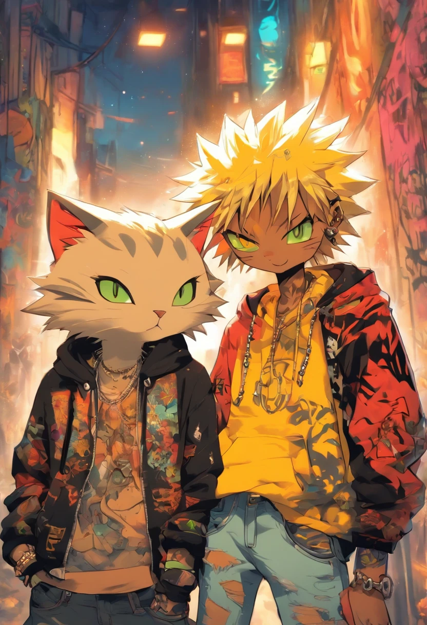 2 cool and trendy cats talking to each other, white hair, yellow eyes, wearing trendy hip hop clothing, wearing a hoodie, graphic t-shirt and torn jeans, tons of tattoos and piercings, graffiti style background, highly detailed background, perfect masterpiece, high quality, high resolution