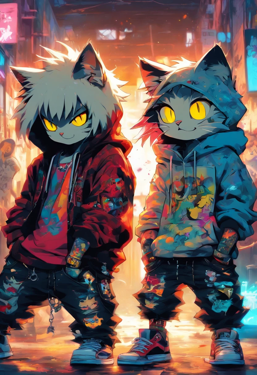2 cool and trendy cats talking to each other, white hair, yellow eyes, wearing trendy hip hop clothing, wearing a hoodie, graphic t-shirt and torn jeans, tons of tattoos and piercings, graffiti style background, highly detailed background, perfect masterpiece, high quality, high resolution
