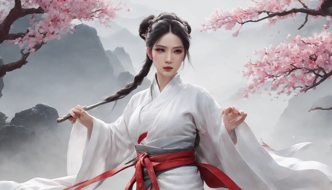 Cirilla Fiona Elen Riannon,动态照明,art stations,poster for,voluminous lighting,Very detailed faces,4k wallpaper,He has a gentle and beautiful face,Long flowing hair,pony tails,Fringed Hair Ornament,Dynamic perspective,White Hanfu,White gauze flying,Red belt,Sexy,The tradition of Chinese ink painting,surrounded by cloud,cherry blossom,fog atmosphere,Ride the white dragon,White dragon horn,dynamic viewing angle,电影灯光