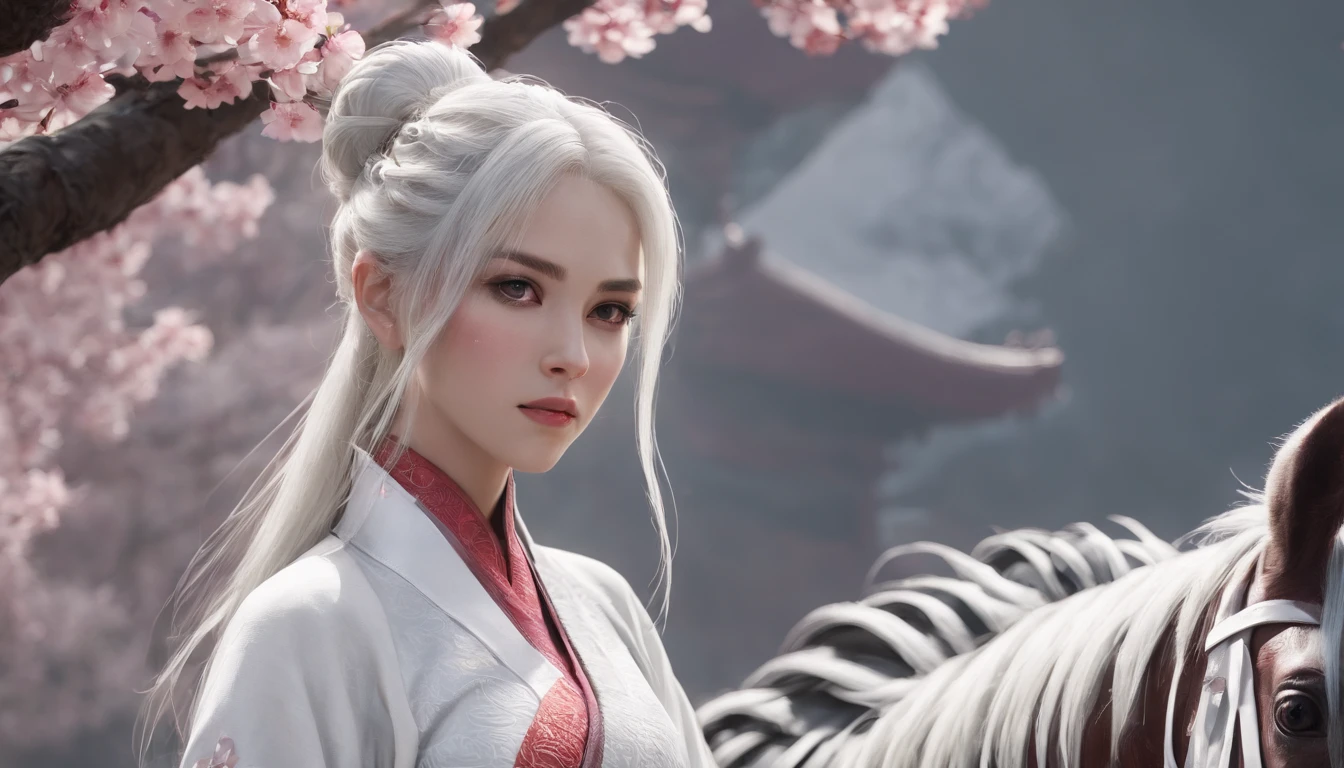 Cirilla Fiona Elen Riannon,动态照明,art stations,poster for,voluminous lighting,Very detailed faces,4k wallpaper,He has a gentle and beautiful face,Long flowing hair,pony tails,Fringed Hair Ornament,Dynamic perspective,White Hanfu,White gauze flying,Red belt,Sexy,The tradition of Chinese ink painting,surrounded by cloud,cherry blossom,fog atmosphere,Ride the white dragon,White dragon horn,dynamic viewing angle,电影灯光