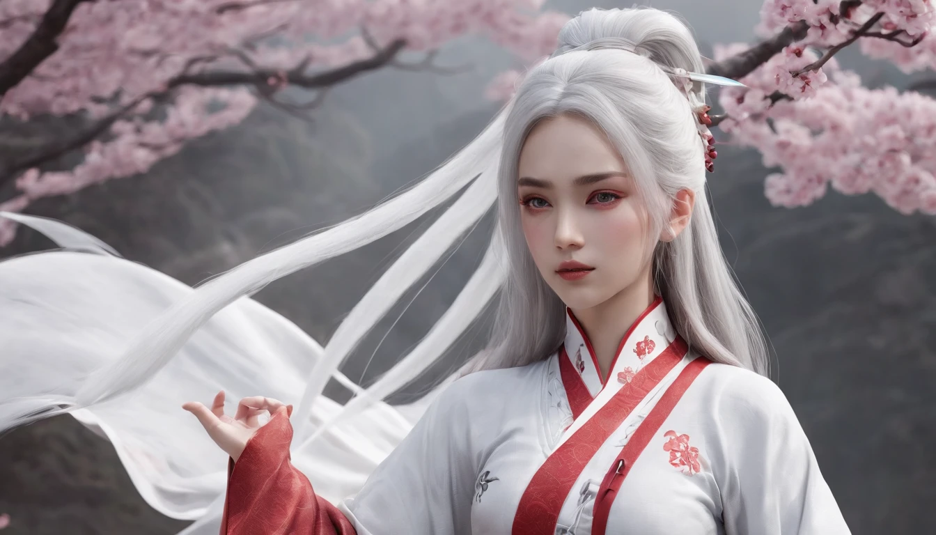 Cirilla Fiona Elen Riannon,动态照明,art stations,poster for,voluminous lighting,Very detailed faces,4k wallpaper,He has a gentle and beautiful face,Long flowing hair,pony tails,Fringed Hair Ornament,Dynamic perspective,White Hanfu,White gauze flying,Red belt,Sexy,The tradition of Chinese ink painting,surrounded by cloud,cherry blossom,fog atmosphere,Ride the white dragon,White dragon horn,dynamic viewing angle,电影灯光
