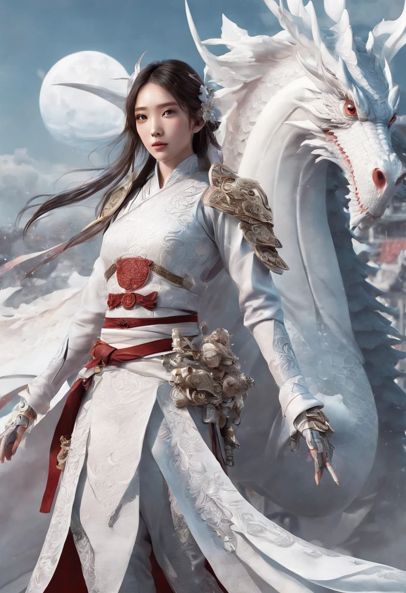 Cirilla Fiona Elen Riannon，Excellent picture quality，Outstanding details，超高分辨率，（Fidelity：1.4）, Prioritize details，Split close-up，Ride the dragon，High-tech robot dragon knight，He has a gentle and beautiful face，（（Blue and white flying semi-mechanical fuselage：1.8）），enhancer，allure，Futuristic city，nevando，Luna，Mechanically beautiful，Virtual Engine 5，Perfect detail，Octane rendering，Гипер HD，Excellent picture quality，Outstanding details，超高分辨率，（Fidelity：1.4）, Prioritize details，Split close-up，Ride the dragon，High-tech robot dragon knight，He has a gentle and beautiful face，（（Blue and white flying semi-mechanical fuselage：1.8）），enhancer，allure，Futuristic city，nevando，Luna，Mechanically beautiful，Virtual Engine 5，Perfect detail，Octane rendering，Гипер HD，动态照明，art  stations，poster for，voluminous lighting，Very detailed faces，4k wallpaper，He has a gentle and beautiful face，Long flowing hair，pony tails，Fringed Hair Ornament，Dynamic perspective，White Hanfu，White gauze flying，Red belt，Sexy，The tradition of Chinese ink painting，surrounded by cloud，cherry blossom，fog atmosphere，Ride the white dragon，White dragon horn，dynamic viewing angle，电影灯光