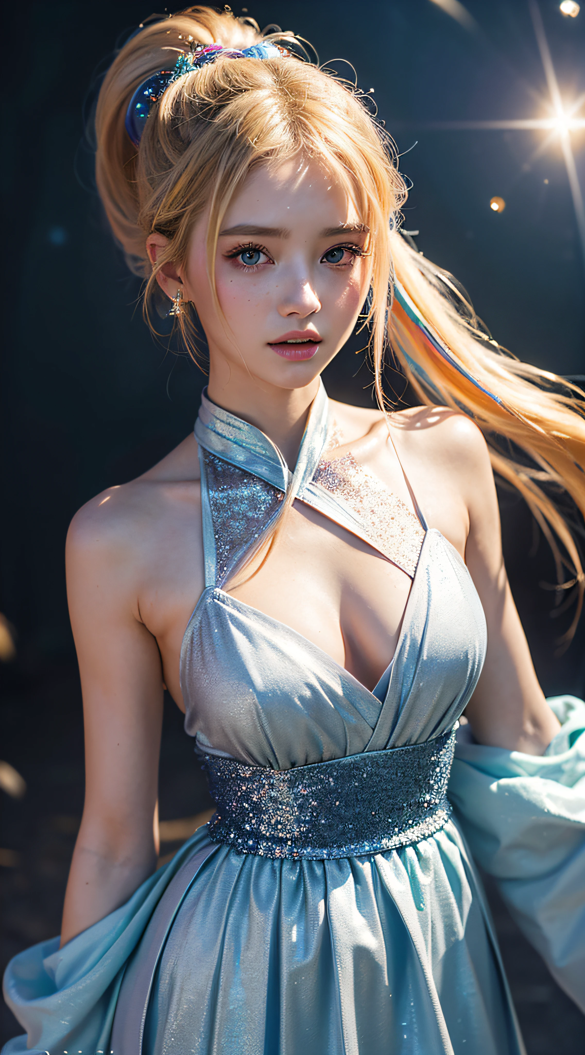(Masterpiece), (Best Quality), (Super Detailed), (Dirty Hair), (Illustration), (1 Girl) (Long blond Hair 1.5) (Blue Eyes) (Double Ponytail 2.0), ((((No Shoulders))),Hanfu, (Looking at the Audience, (Interview), (Simple Background), Beautiful and Delicate Eyes, Delicate Beautiful Face, Soaring (High Saturation), (Colorful Glitter), Multi-colored Bubbles, (Glitter), Accent on Face, PerfectNwsjMajic, conservative clothes, Shoulderless, autumn clothes, facing the masses, perfect figure,extra detailed left eye,extra detailed right eye