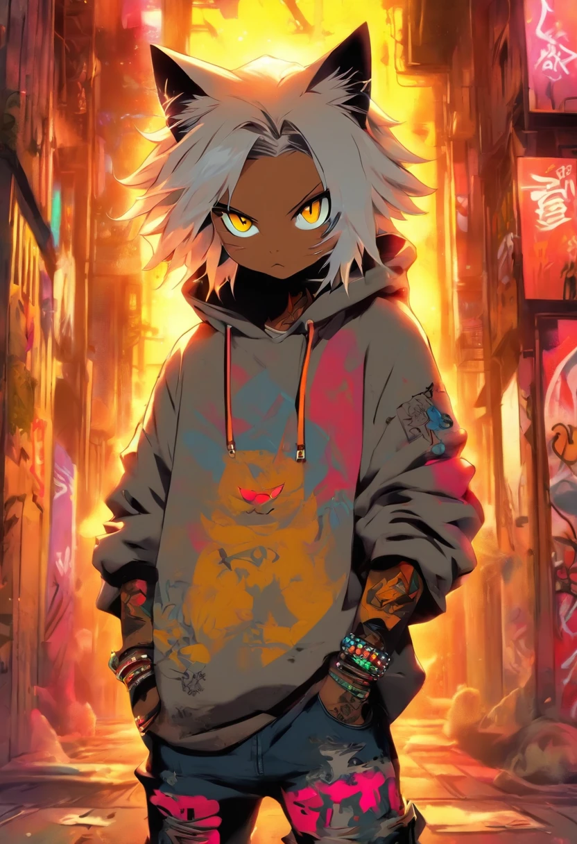 A cool and trendy cat, white hair, yellow eyes, wearing trendy hip hop clothing, wearing a hoodie, graphic t-shirt and torn jeans, tons of tattoos and piercings, graffiti style background, highly detailed background, perfect masterpiece, high quality, high resolution