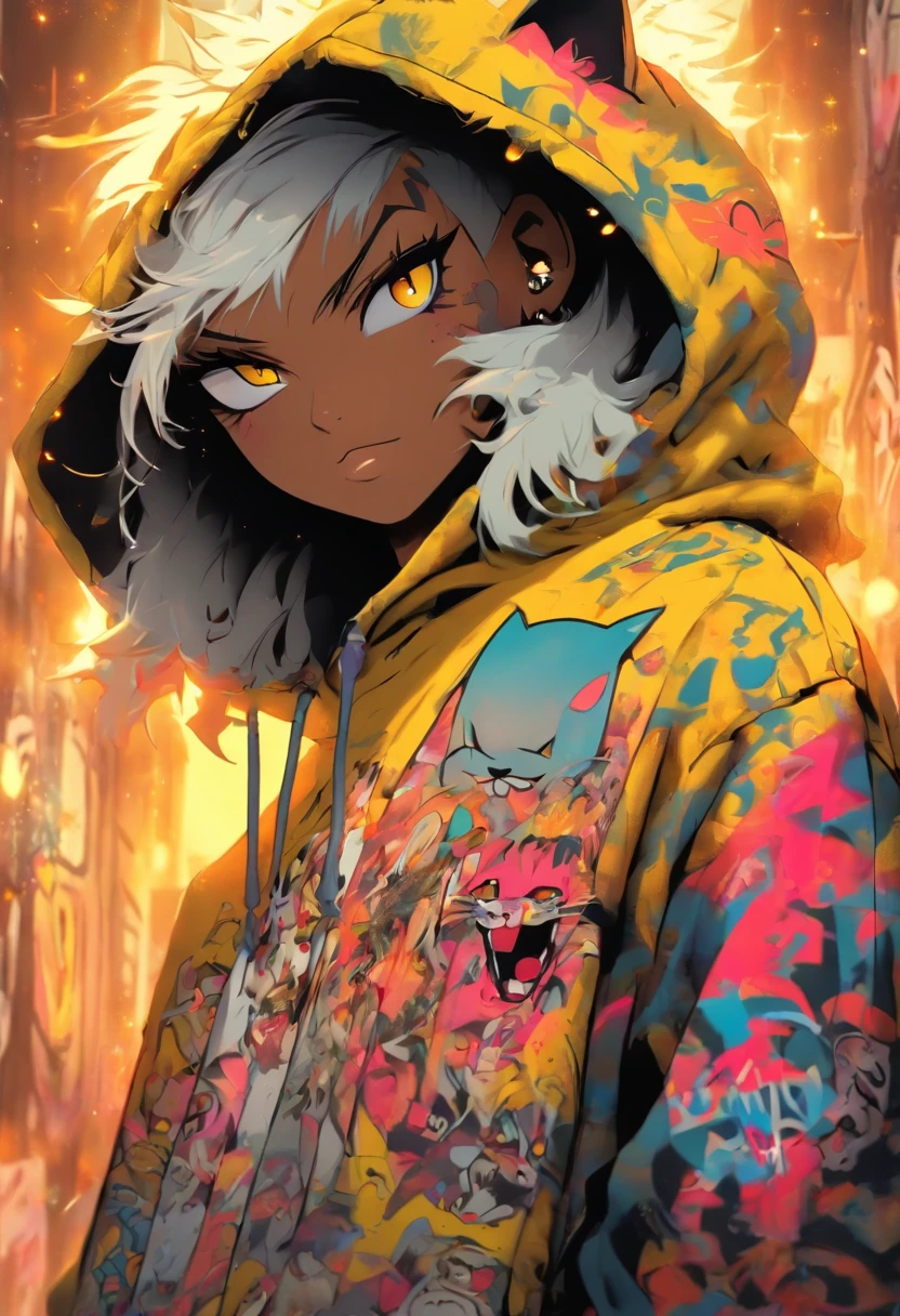 A cool and trendy cat, white hair, yellow eyes, wearing trendy hip hop clothing, wearing a hoodie, graphic t-shirt and torn jeans, tons of tattoos and piercings, graffiti style background, highly detailed background, perfect masterpiece, high quality, high resolution