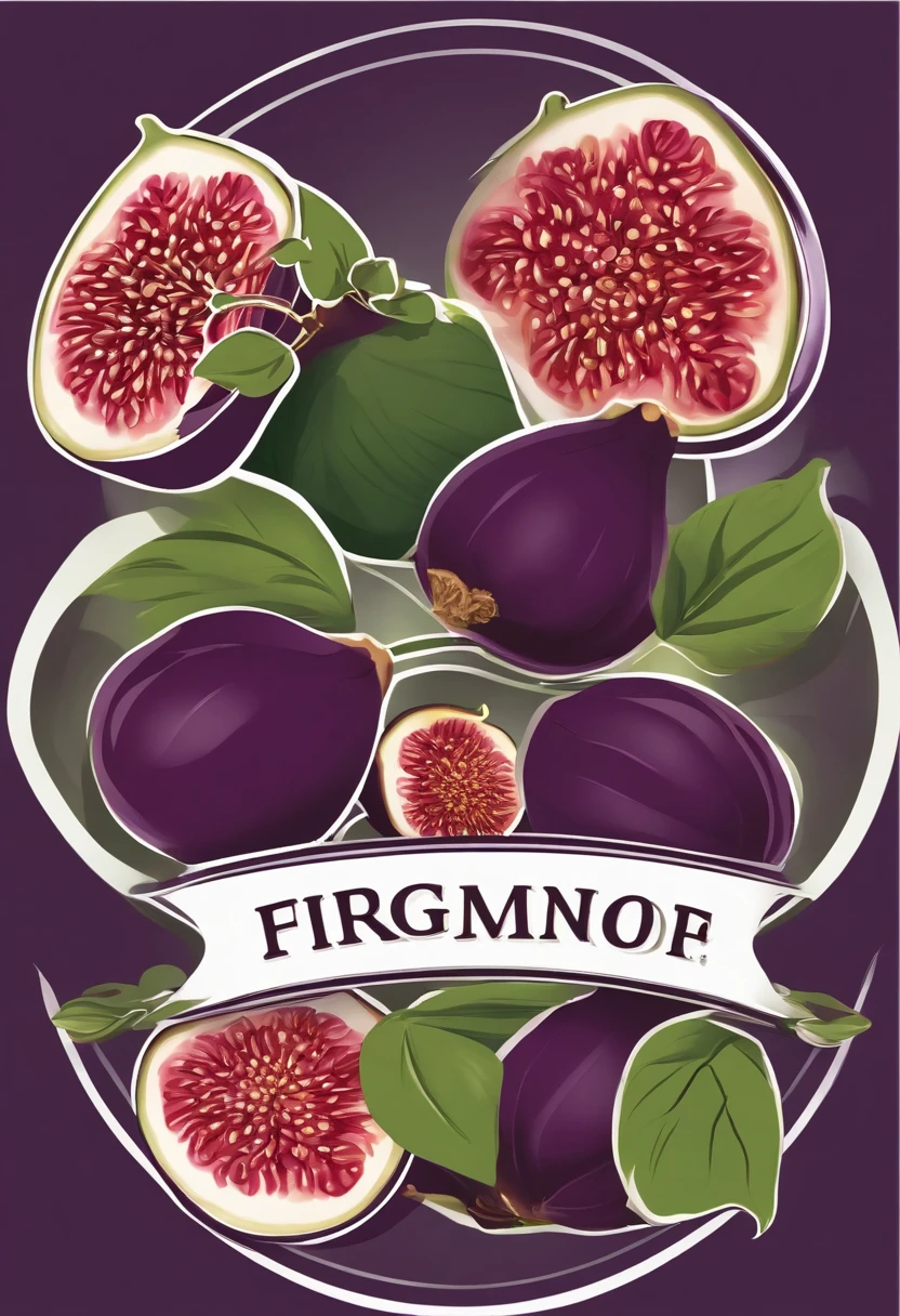 Design a logo representing FIGSNMORE, a food brand specializing in fig-based products. The logo should prominently feature a ripe fig fruit. Make it look fresh and appetizing with a touch of elegance. Use a color palette that includes deep purples and greens. The logo will be used on labels and social media.