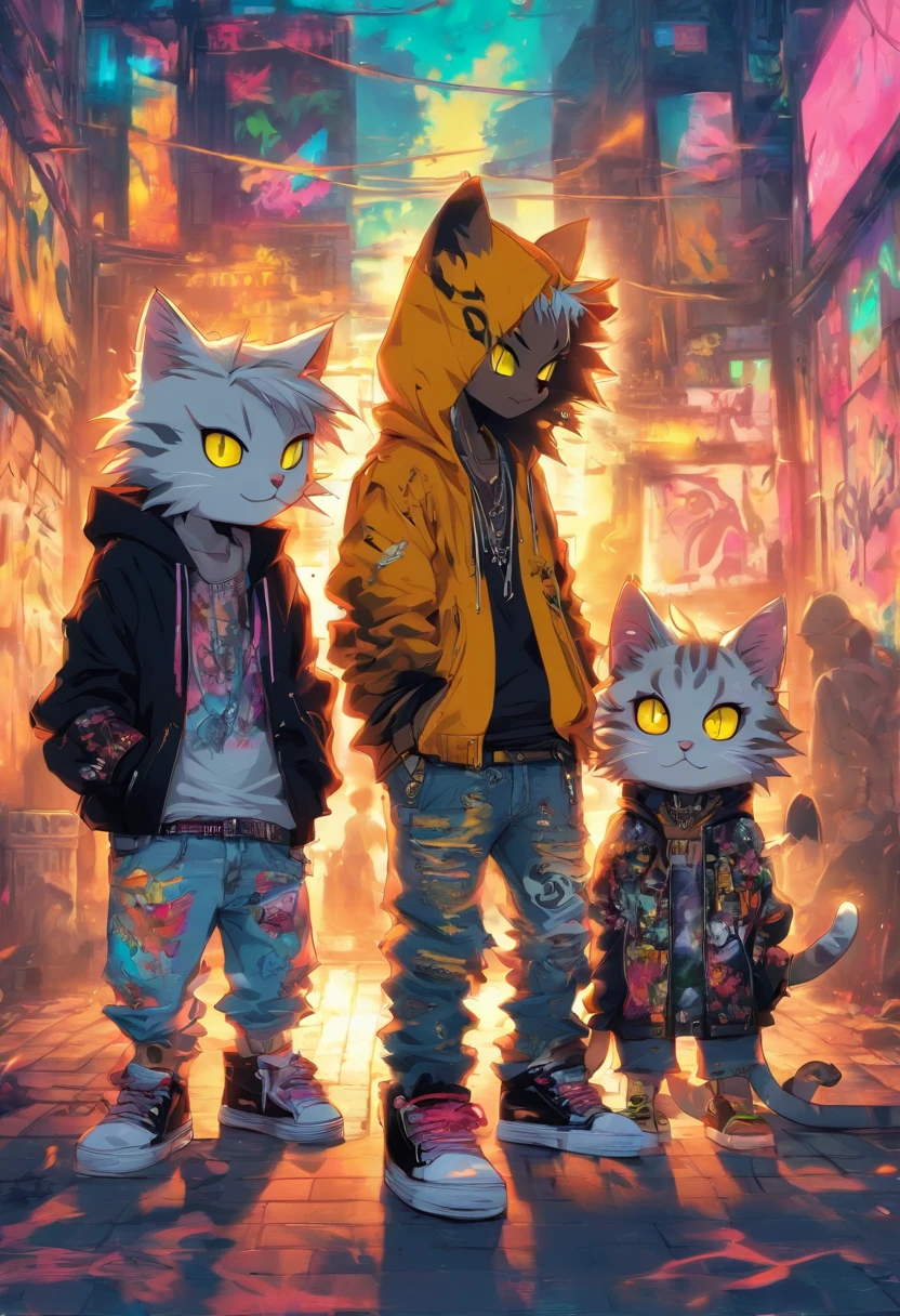 2 cool and trendy cats talking to each other, white hair, yellow eyes, wearing trendy hip hop clothing, wearing a hoodie, graphic t-shirt and torn jeans, tons of tattoos and piercings, graffiti style background, highly detailed background, perfect masterpiece, high quality, high resolution