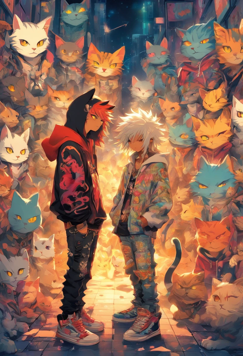 2 cool and trendy cats talking to each other, white hair, yellow eyes, wearing trendy hip hop clothing, wearing a hoodie, graphic t-shirt and torn jeans, tons of tattoos and piercings, graffiti style background, highly detailed background, perfect masterpiece, high quality, high resolution