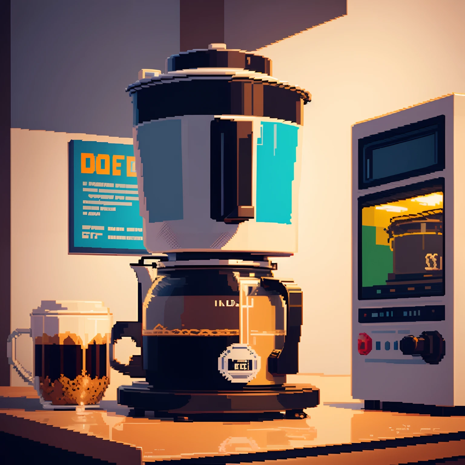 Pixel art　Cafe poster　poster for　Coffee maker　Lo-Fi del retro video games　lo-fi illustration style　8-bit pixel art　Pixel art