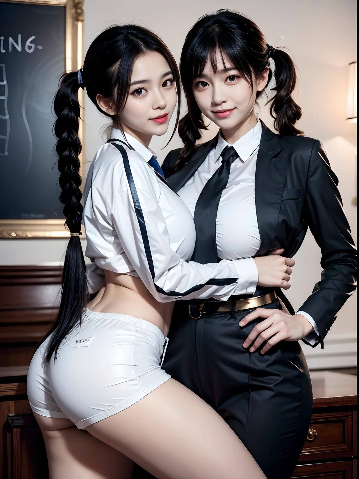 A girl in a school uniform and a girl in a suit hug each other，Immature face，Cute temperament，Short stature，pigtails，partedbangs，ssmile，super gigantic breasts，Muscles throughout the body，little belly，（plumw，slightly fat big breasts），gigantic hip，fat hips，Huge ass，gigantic hip，The legs are long，beautiful foot