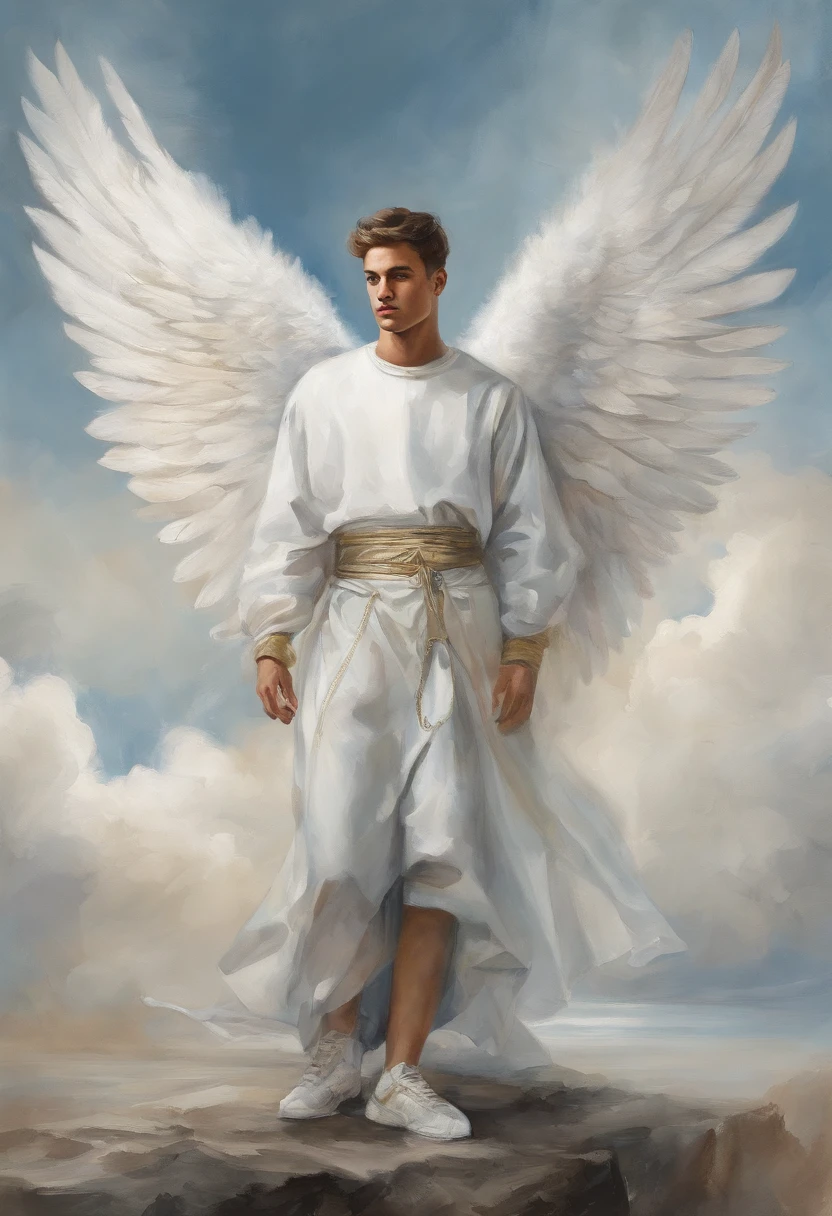 22 years old angel guy with beautiful wings ,dressed with futuristic clothes by balenciaga supreme nike adidas, clouds background, art by Velazquez
