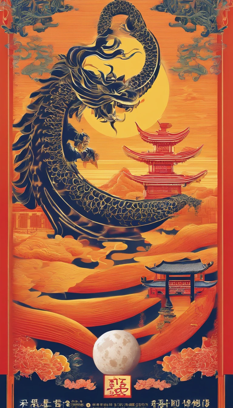 national day,Mid-Autumn Festival,Chinese-style palace, A bright moon，the great wall，Fireworks light up the night sky，A united and prosperous country,Moonlit Night,A sight of tranquility and harmony,Admire the beauty of the moon,A manifestation of national pride,Express your wishes for a better future.