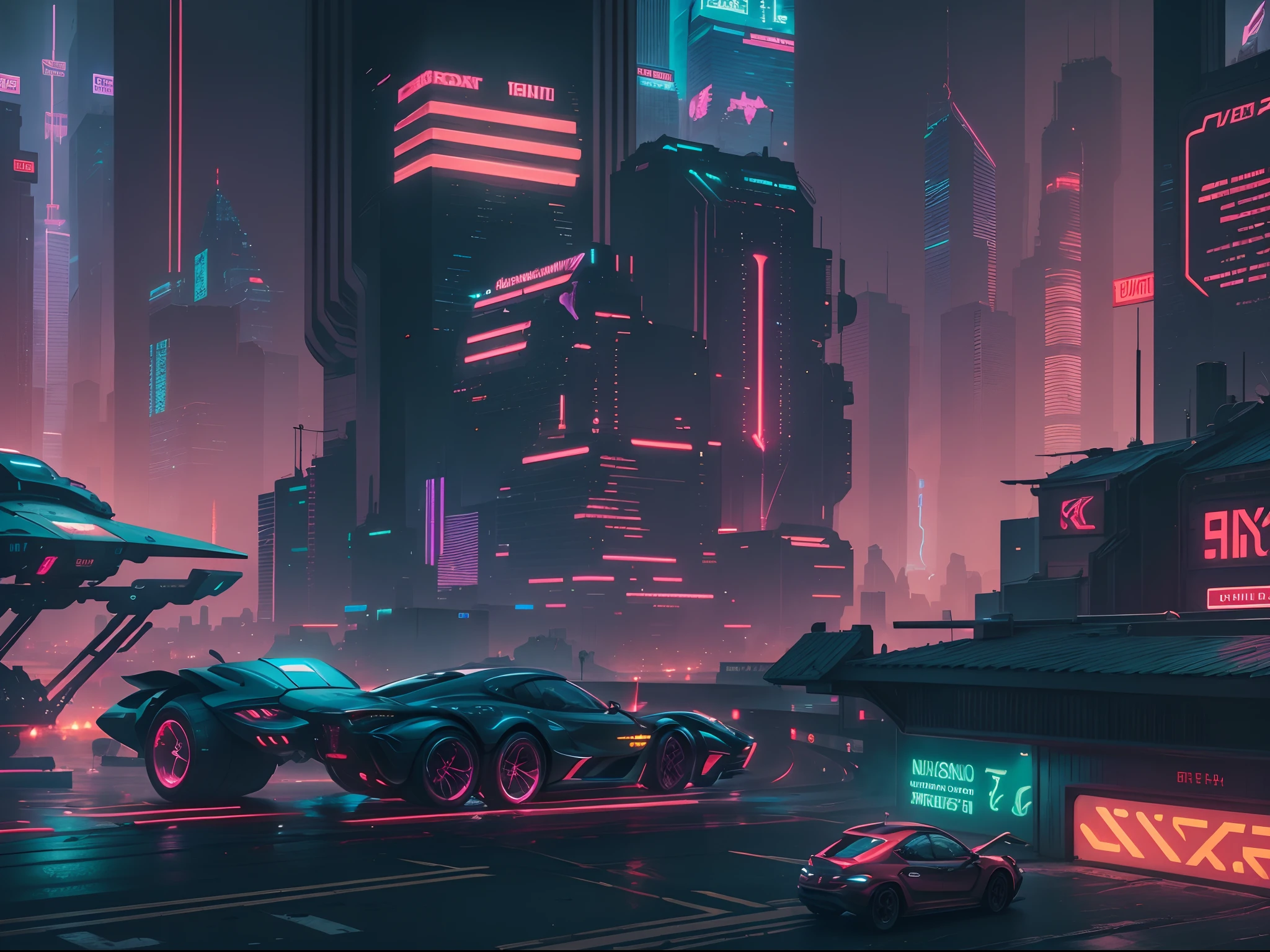 Cyberpunk cityscape with towering skyscrapers, neon signs, and flying cars.