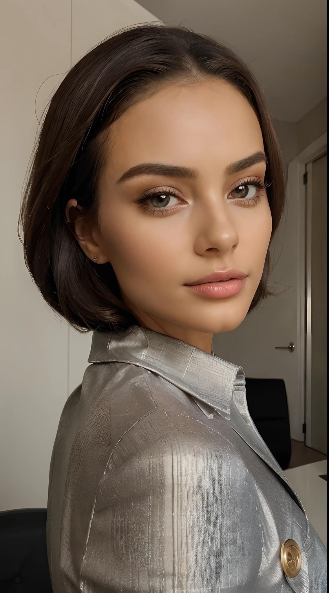 A polished and powerful executive portrait of a young woman, exuding confidence and elegance, as she poses in a stylish yet sophisticated office ensemble. Show a glimpse of her captivating gaze, with perfectly coiffed hair and subtly applied makeup, highlighting her natural beauty. Pay attention to meticulous details such as fine fabric textures, intricate button detailing, and the way light delicately dances off her polished nails. Skillfully capture the essence of a professional, creating a realistic and captivating marketing photoshoot.