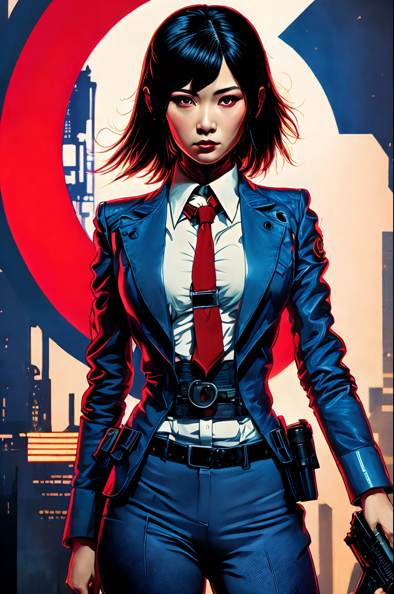 art by katsuya terada, art by range murata, art by akiman, art by JUNNY, Full body shot portrait of cute slender Young Japanese hit girl, Battle Scars, Realistic skin texture, Few moderate moles, wearing a suit, hold a gun, Red Circle nightclub in San Diego, Red and blue cinematic lighting, highly detailed, ray tracing, digital painting, concept art, smooth, sharp focus, illustration, 8k