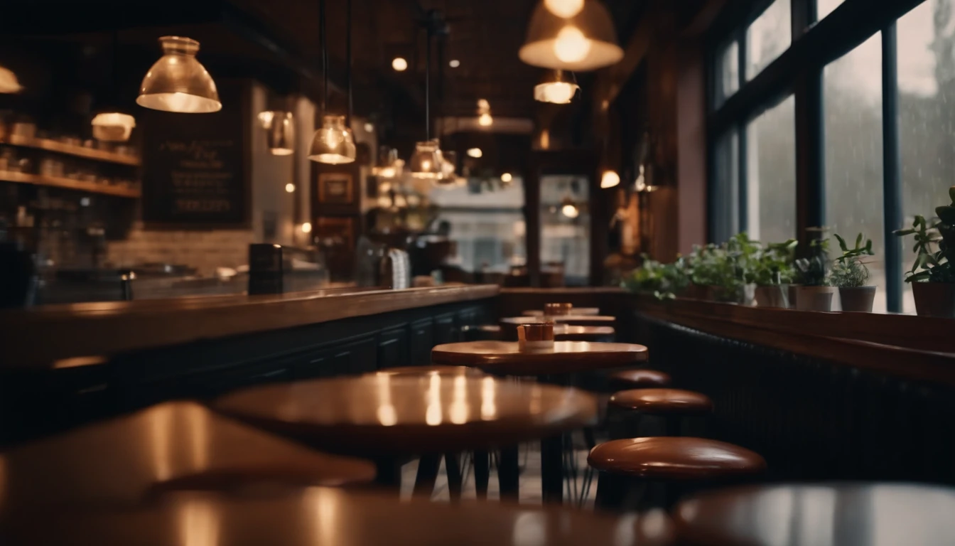 A cozy coffee shop on a rainy day. 4k wallpaper