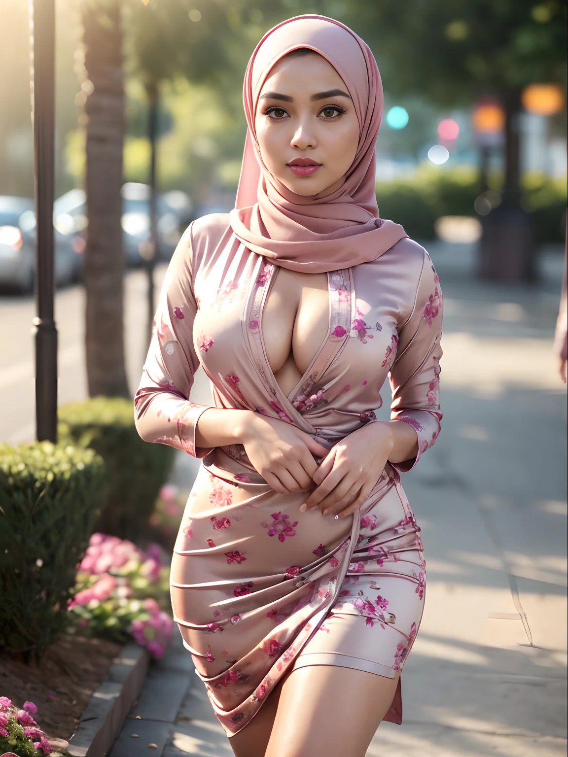 RAW, Best quality, high resolution, work: 1.3), beautiful Malay woman wearing a tight silk Malay gamis with pastel floral patterns in hijab, ,big breasts, (masterpiece, perfect slim body,(absurdres:1.3), walking (skin detail: 1.3 , facial details:1.3), looking towards the viewer, sharp focus, smooth, (Malay beauty:1.3), (mature woman:1.2), (large breasts:1.4, thick thighs:1.2, narrow:1.1), light smile, ( big_eyes:1.2, brown_eyes), red_eyeshadow, pink lips, looking at the viewer, street, (bokeh ),(sunlight on face:1.5)