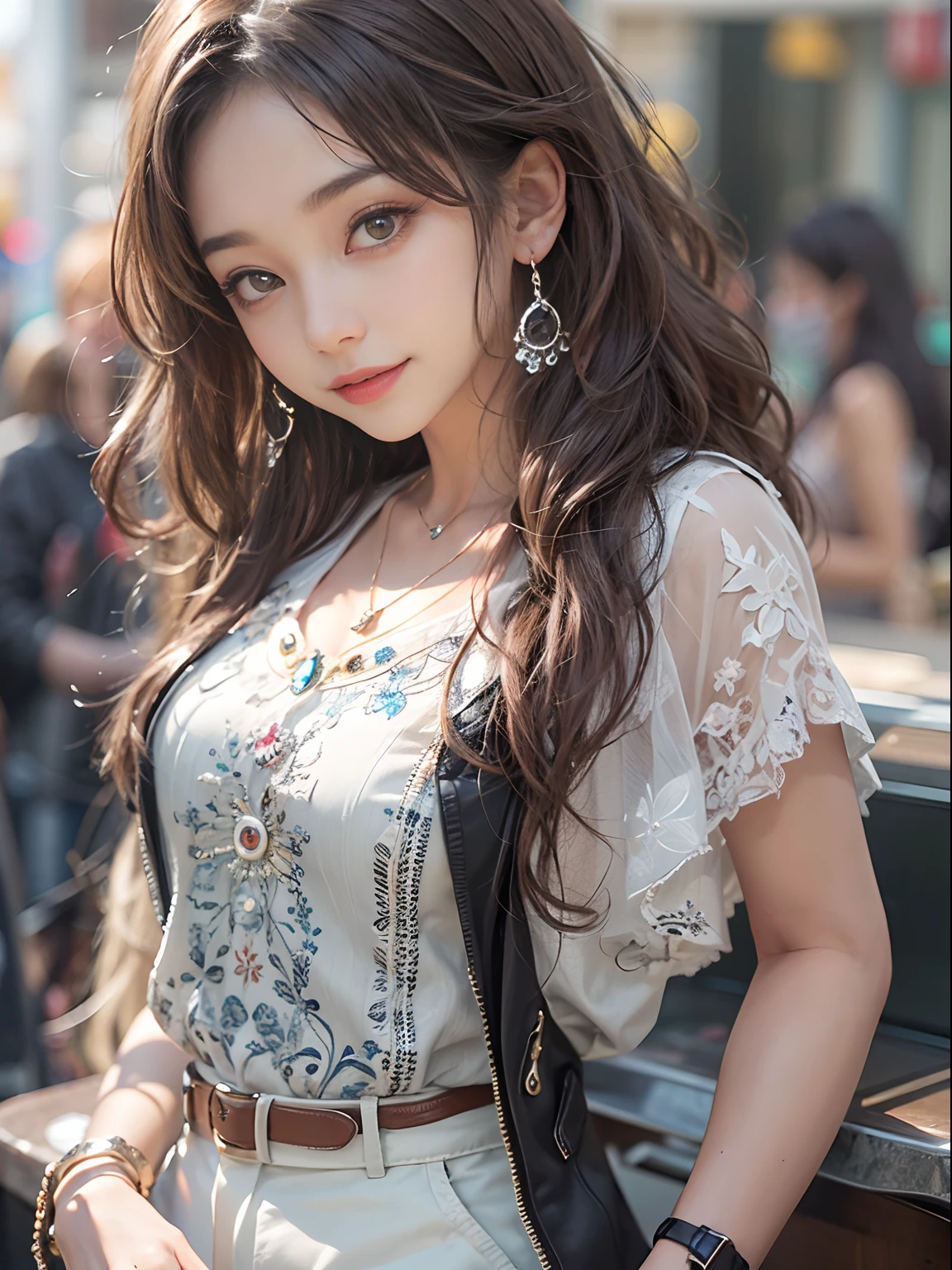 (Masterpiece, Best quality, Ultra-detailed, A high resolution, 4K),(Beautiful detailed eyes),(Very detailed face),(1girll),hdr,Long hair, Shorts, Phone, Brown eyes, Brown hair, cellular phone, Bracelet, vests, jewelry, Watch, Lips, solofocus, nail polish, The background is blurred out, Smile, wristwatch, Realistic, Blurry, view the viewer,blackstockings