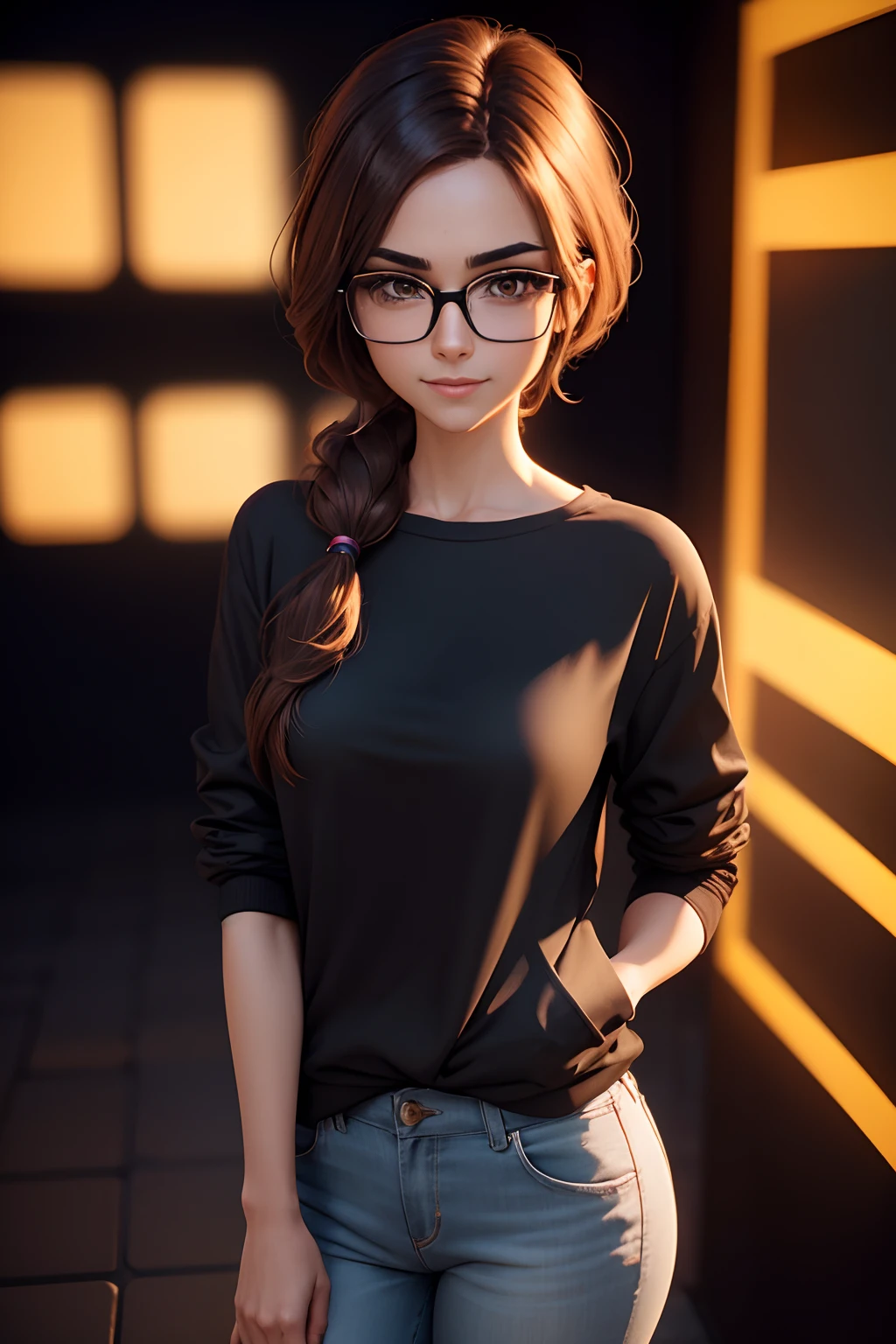 Looking Straight foward,Smilling Brown light straight short meduim hair woman, with black glasses, casual clothing, 8k,pixar,3D Animated Style, Dark themed bakground, Standing infront of a dark black background