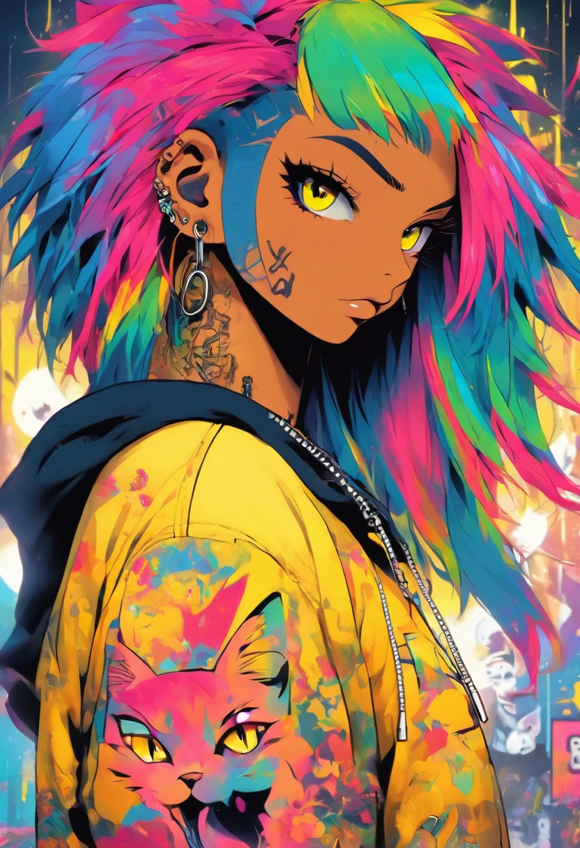 A cool and trendy cat, rainbow colored hair, yellow eyes, wearing trendy hip hop clothing, wearing a hoodie, graphic t-shirt and torn jeans, tons of tattoos and piercings, graffiti style background, highly detailed background, perfect masterpiece, high quality, high resolution
