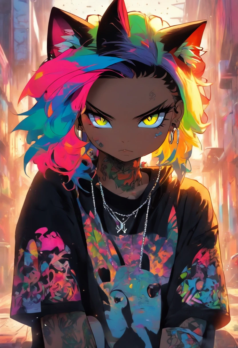 A cool and trendy cat, rainbow colored hair, yellow eyes, wearing trendy hip hop clothing, wearing a hoodie, graphic t-shirt and torn jeans, tons of tattoos and piercings, graffiti style background, highly detailed background, perfect masterpiece, high quality, high resolution