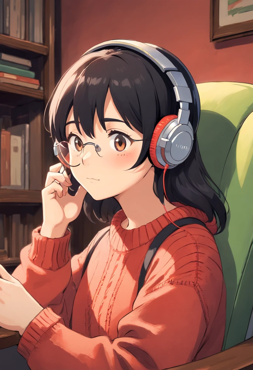 There's a black-haired man with headphones and a sweater sitting on a chair., con auriculares, foto de perfil 1024px, usar auriculares, con gafas de pasta, 8k selfie photograph, Foto de perfil de la foto de cabeza, imagen frontal, anime drawing style, absurdres, high res, ultrasharp, 8K