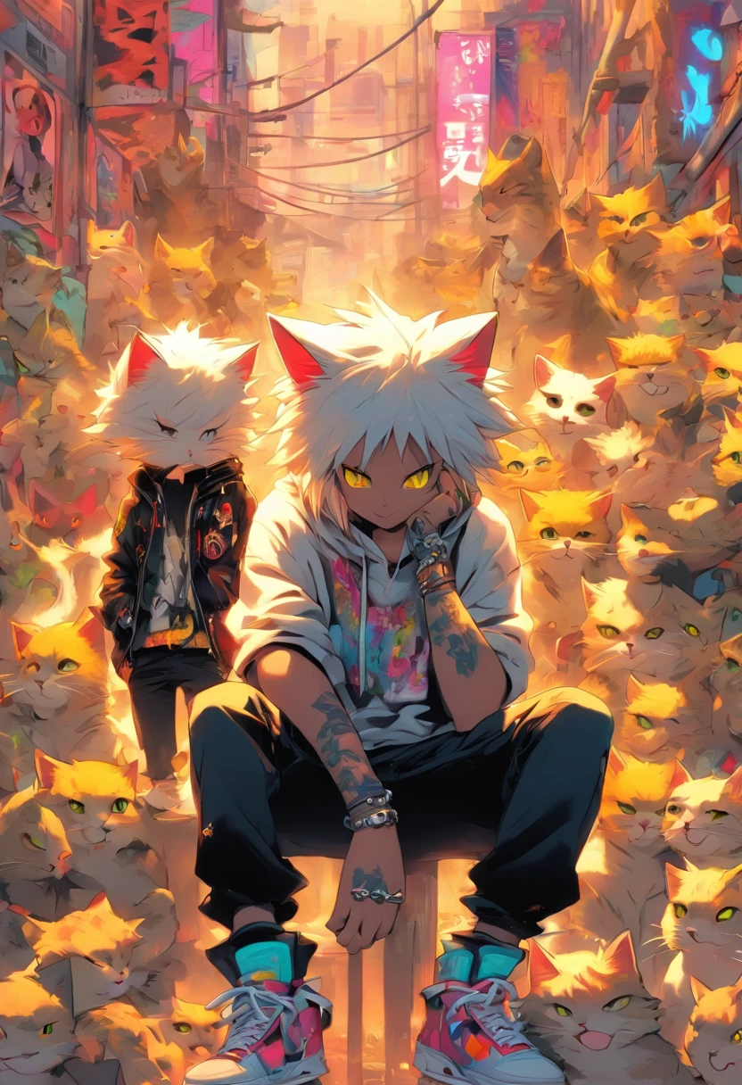 2 cool and trendy cats talking to each other, white hair, yellow eyes, wearing trendy hip hop clothing, wearing a hoodie, graphic t-shirt and torn jeans, tons of tattoos and piercings, graffiti style background, highly detailed background, perfect masterpiece, high quality, high resolution