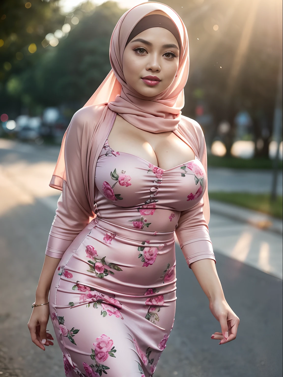 RAW, Best quality, high resolution, masterpiece: 1.3), beautiful Malay woman in hijab wear soft green Mini peplum Dress with floral pattern,(long sheer mini dress),(big breasts) , (masterpiece, perfect body),(absurdres:1.3), walking, (detail skin:1.3, facial details:1.3), from above, looking at the viewer, sharp focus, smooth, (Malay beauty:1.3), (mature woman: 1.2), (large breasts:1.4, thick thighs:1.2, narrow:1.1) , sweet smile, (big_eyes:1.2, brown_eyes), red_eyeshadow, pink lips,looking at the viewer, street, (bokeh ),(sunlight on face:1.5), open_blazer,