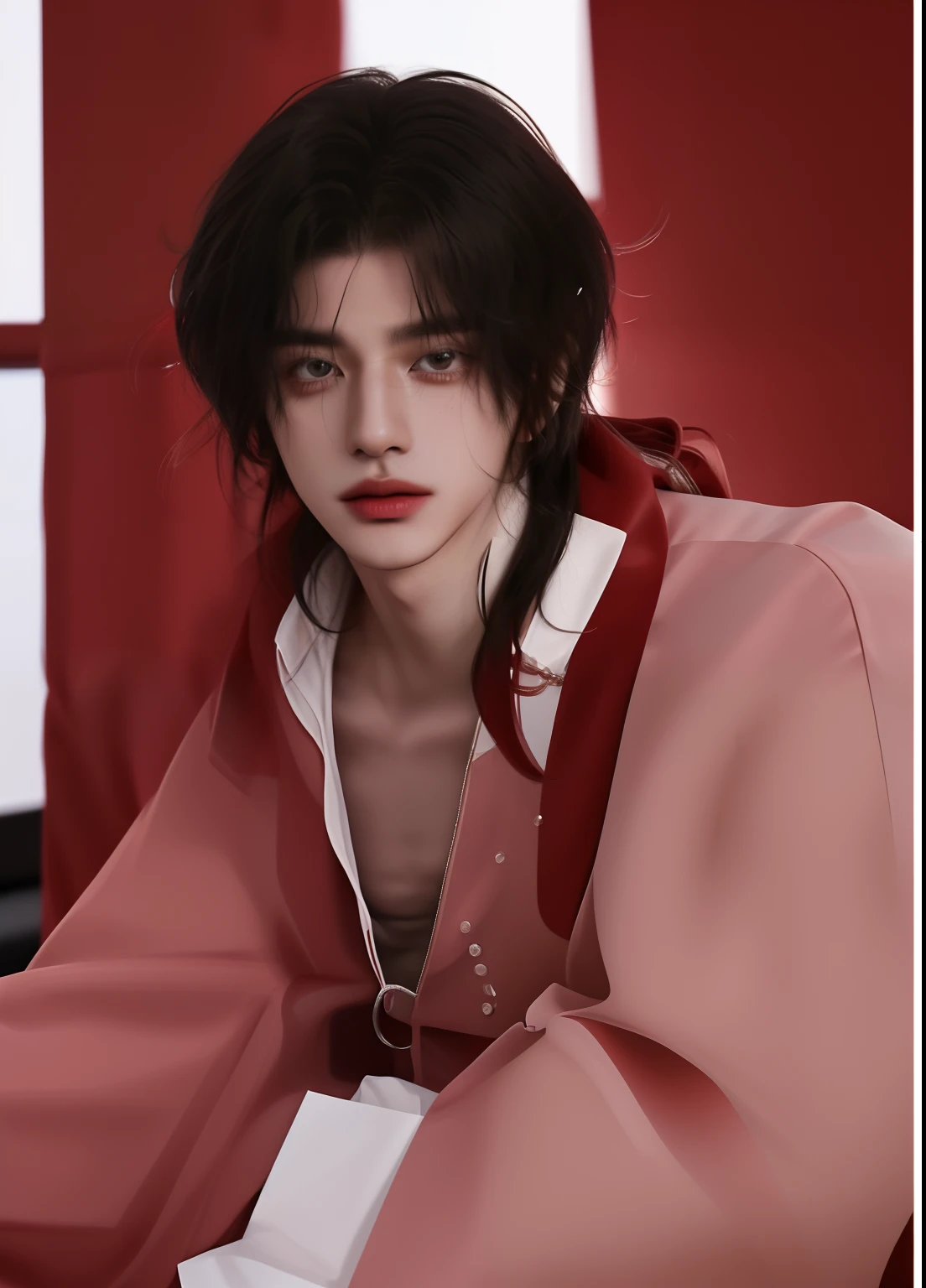 there is a 3d image of a man with a red coat, inspired by Yamagata Hiro,male,((androgynous)),((eyes focus)), second life avatar, handsome male ulzzang,model,modelling,((white studio bacground)),((ulzzang)),((handsome korean male)),((perfect v shape head)),((badboy)),((perfect body)),((perfect rendering))