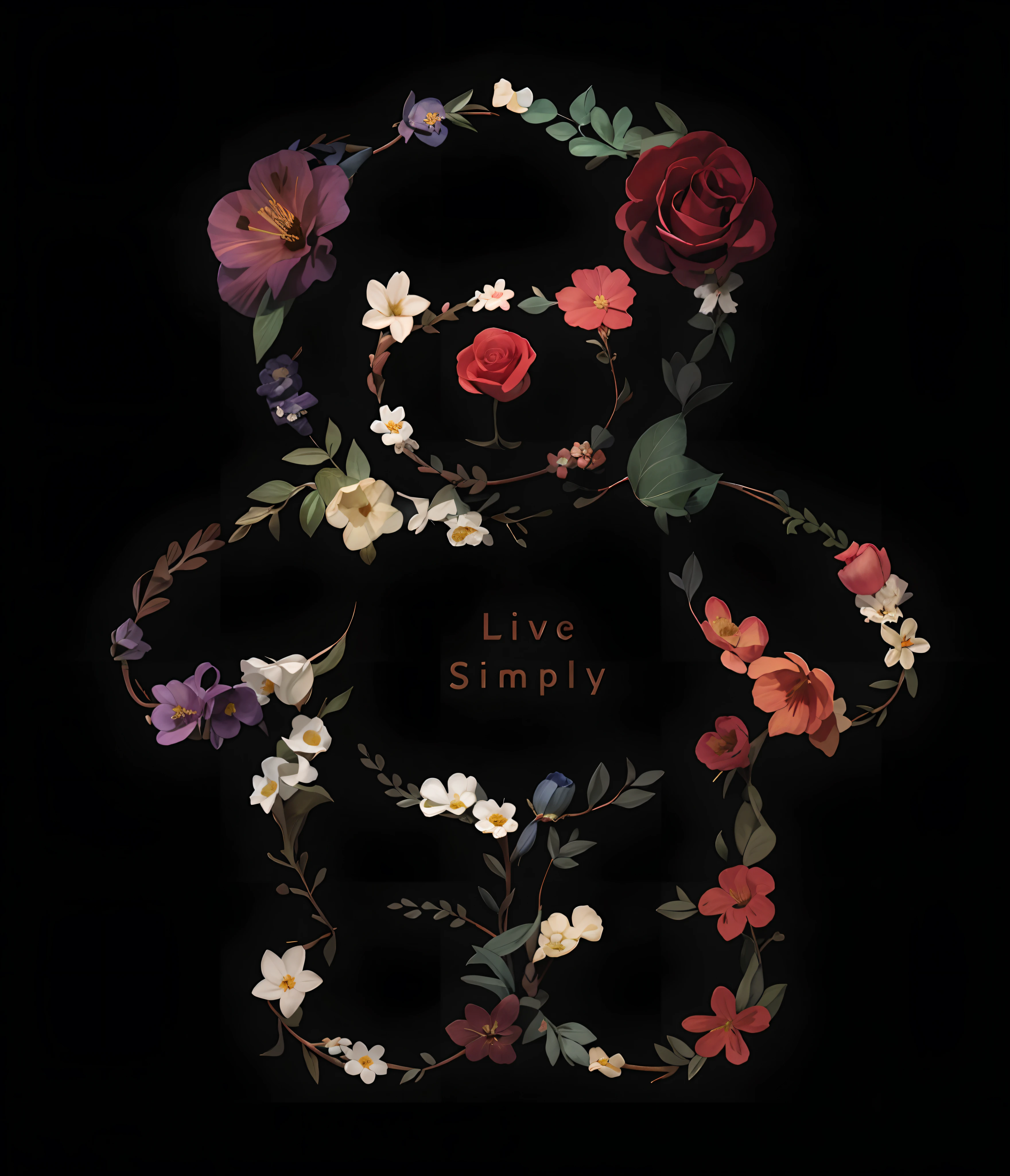 There is a teddy bear with flowers on the black background.