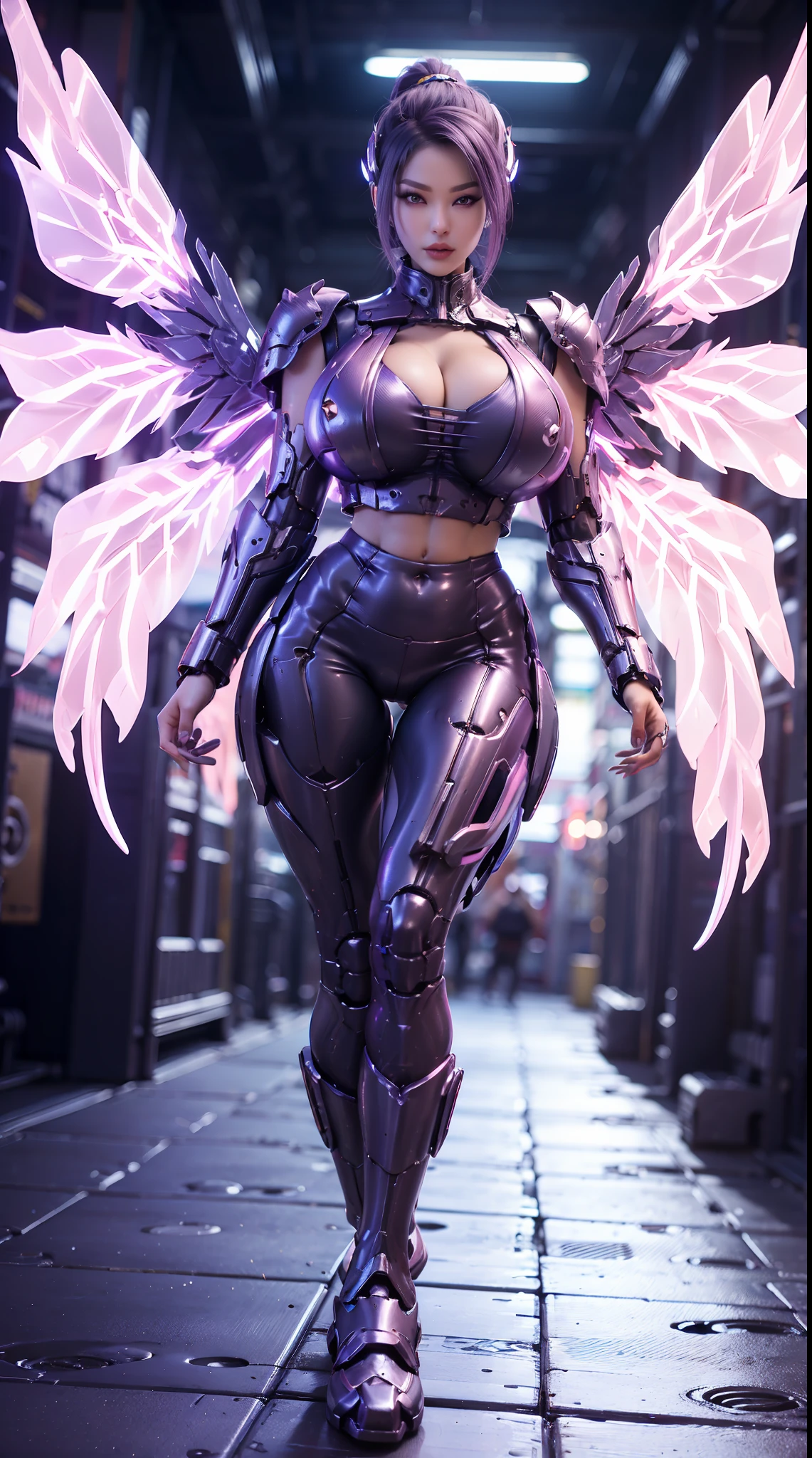 HUGE FAKE BOOBS, (PONYTAIL), (BEAUTY PURPLE, WHITE), SEXY MECHA ARMOR, (CROP TOP), (SKINTIGHT YOGA PANTS), FUTURISTIC PINK MECHA SUIT, (CLEAVAGE), ((THE BIGGEST MECHANICAL WINGS)), (LATEX BOOT), (SEXY LEGS), (LOOKING AT VIEWER), (STANDING), SEXY BODY, MUSCLE ABS, UHD, 8K, 1080P.