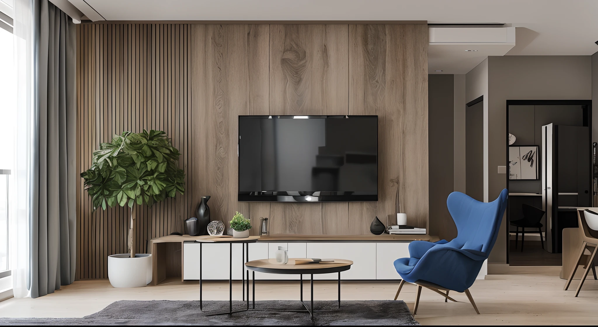 there is a living room with a tv and a blue chair, apartment design, modern and minimalist, simple clean lines, modern minimal design, realistic 3 d style, in style of 3d render, wood panel walls, low details and clean lines, realistic 8k render, modern living room, minimal modern, rendered in lumion pro, smooth panelling