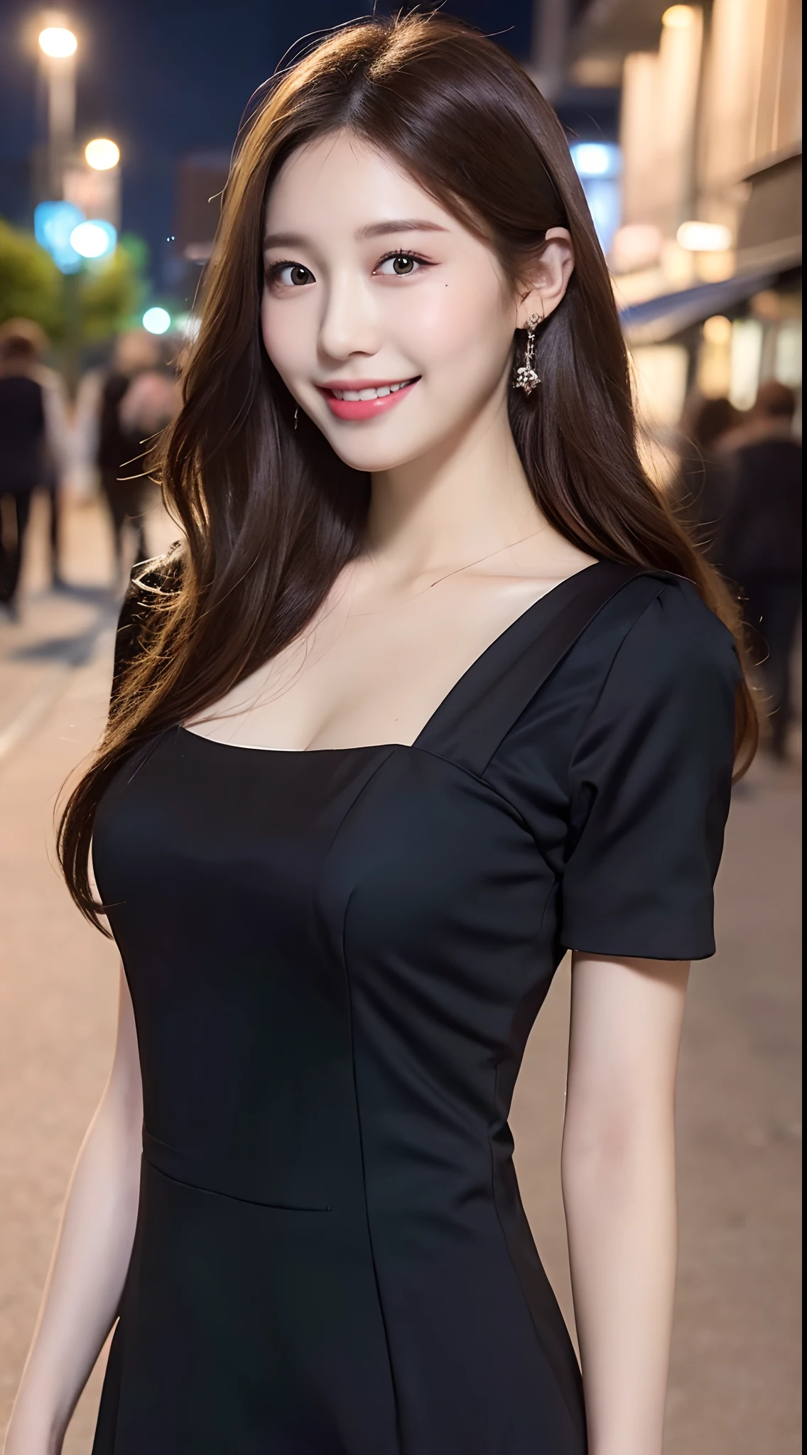 ((Best quality, 8k, Masterpiece :1.3)), 1girl, smiling, full body, slim face, Pretty woman, (Dark brown hair), full length dress :1.1, Ultra-detailed face, Detailed eyes, Double eyelid,  blur background, slim face, city, outside, street,