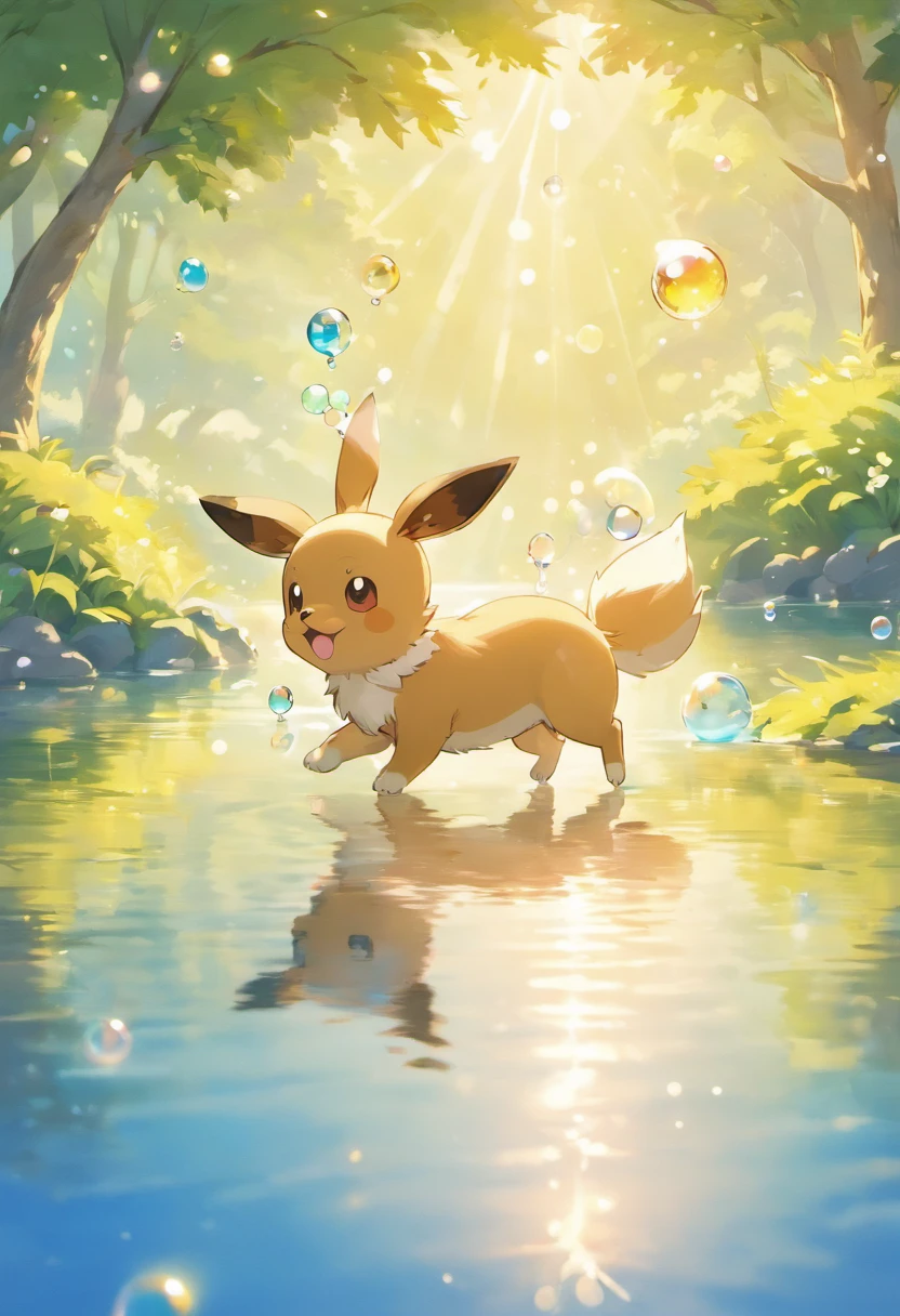 A touching scene in ultra-high definition 3D showcasing an Eevee and a Jack Russell Terrier making a wish beside a tranquil lake. Pikachu, beautifully rendered in detail, is seen gently blowing bubbles into the air, each one carrying a hopeful wish. The bubbles catch the reflection of the setting sun, creating a dreamy, magical effect. The overall atmosphere is tender, filled with hope and serenity