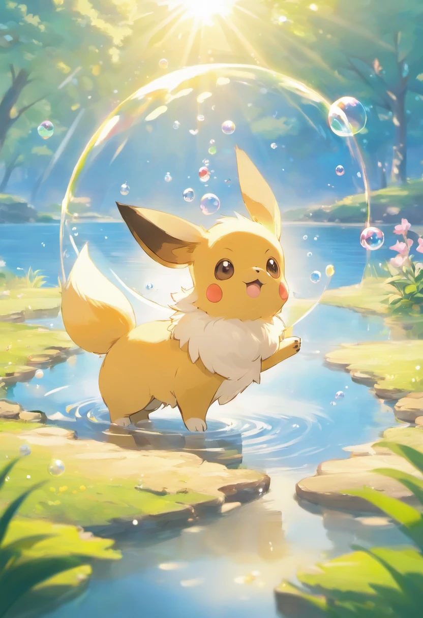A touching scene in ultra-high definition 3D showcasing an Eevee and a Jack Russell Terrier making a wish beside a tranquil lake. Pikachu, beautifully rendered in detail, is seen gently blowing bubbles into the air, each one carrying a hopeful wish. The bubbles catch the reflection of the setting sun, creating a dreamy, magical effect. The overall atmosphere is tender, filled with hope and serenity
