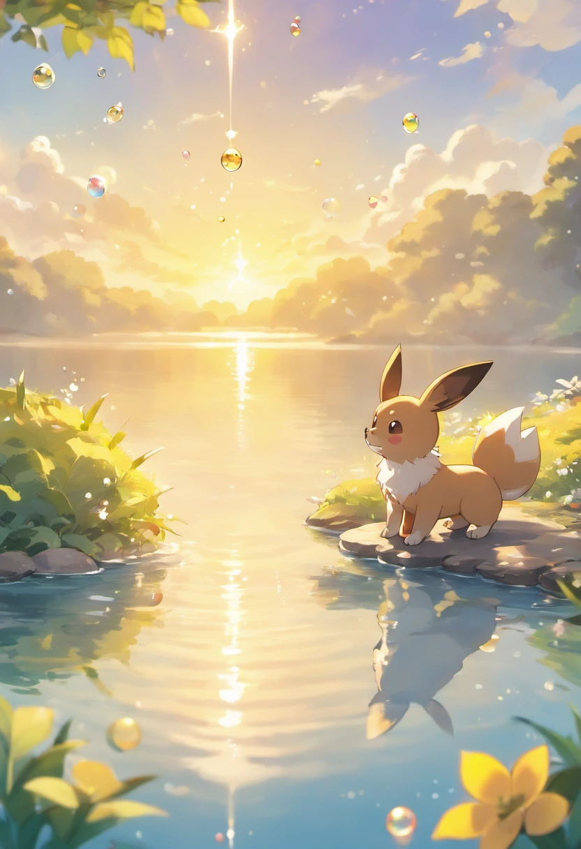 A touching scene in ultra-high definition 3D showcasing an Eevee and a Jack Russell Terrier making a wish beside a tranquil lake. Pikachu, beautifully rendered in detail, is seen gently blowing bubbles into the air, each one carrying a hopeful wish. The bubbles catch the reflection of the setting sun, creating a dreamy, magical effect. The overall atmosphere is tender, filled with hope and serenity