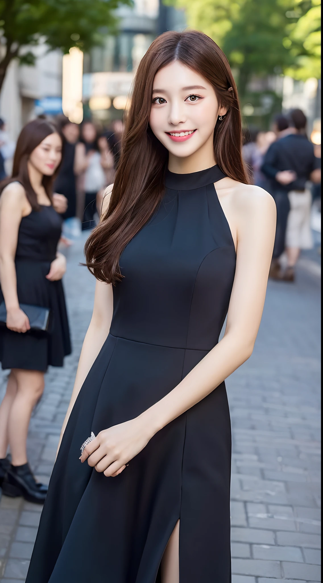 ((Best quality, 8k, Masterpiece :1.3)), 1girl, smiling, full body, slim face, Pretty woman, (Dark brown hair), full length dress :1.1, Ultra-detailed face, Detailed eyes, Double eyelid,  blur background, slim face, city, outside, street,