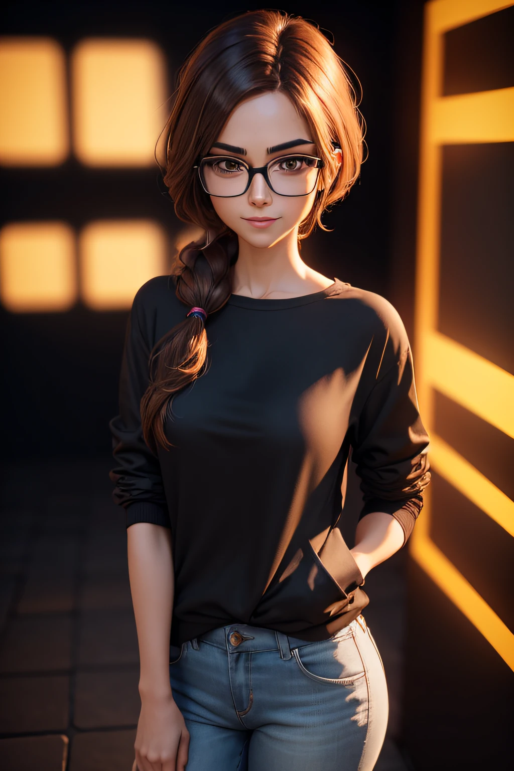 Looking Straight foward,Smilling Brown light straight short meduim hair woman, with black glasses, casual clothing, 8k,pixar,3D Animated Style, Dark themed bakground, Standing infront of a dark black background
