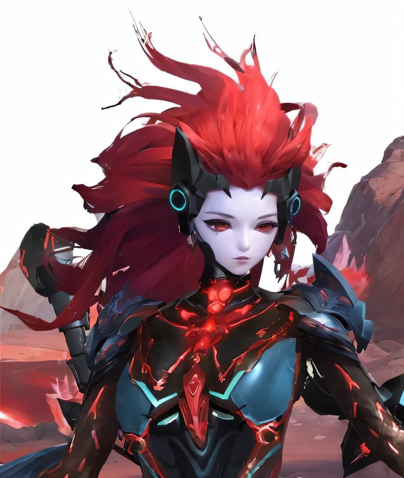 a close up of a woman with a red hair and a sword, aion, Katana Zero video game character, crimson fire head, ne zha from smite, onmyoji, girl in mecha cyber armor, sigma female, zhongli from genshin impact, female mecha, darksiders style, sleek mecha female dragon head
